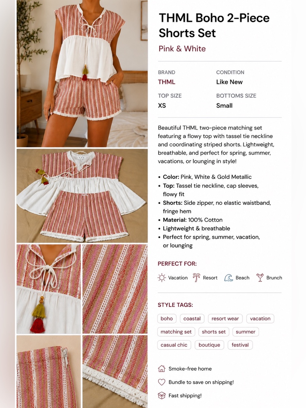 THML Pink, White & Gold Metallic Striped Two-Piece Set